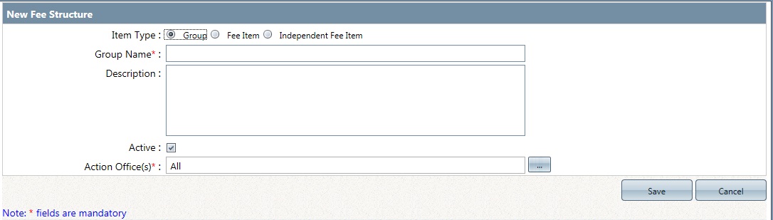New Fee Structure Screen