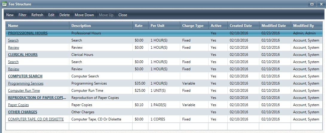 Fee Structure Screen