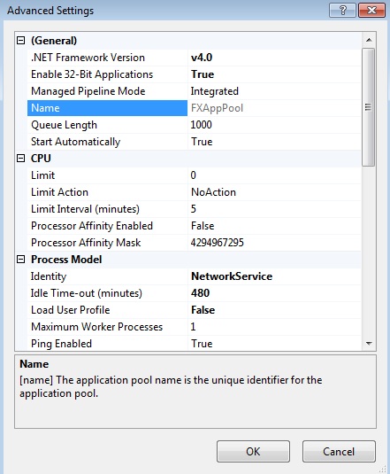 Fenêtre de Paramètres avancés du pool d’applications FOIAXpress