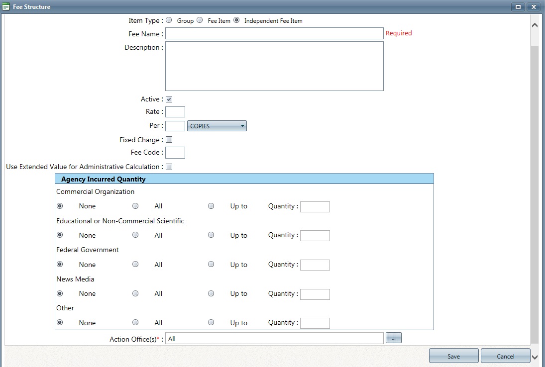 New Fee Structure screen with Independent Fee Items selected