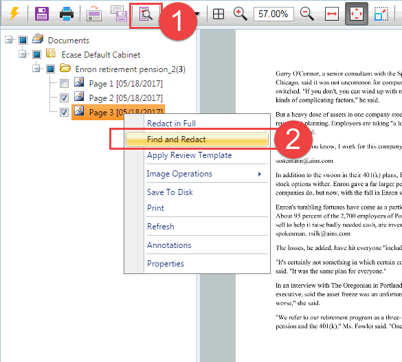 File Tree, Find and Redact option selected