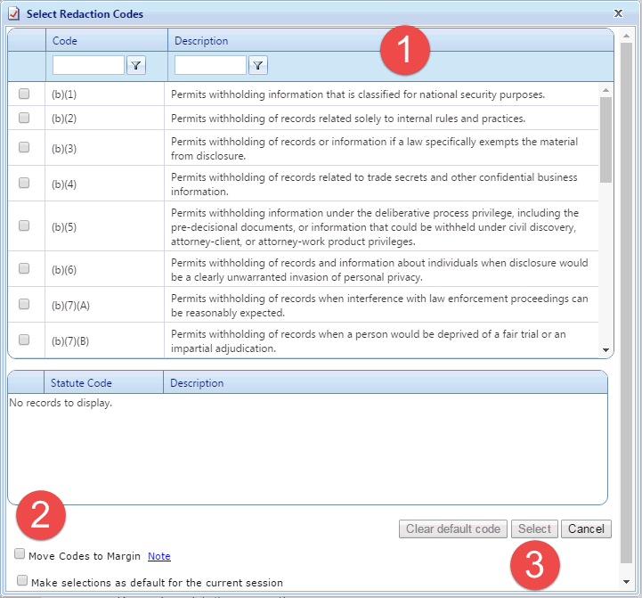 Select Redaction Codes window